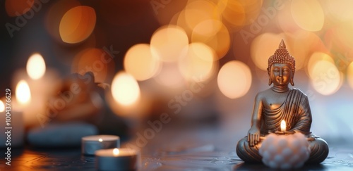 Buddha Statue Surrounded by Flickering Candles in Soft Evening Light