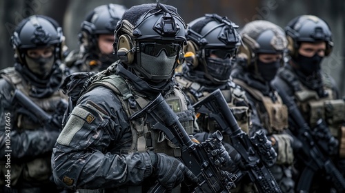 A group of armed soldiers in tactical gear preparing for a mission.