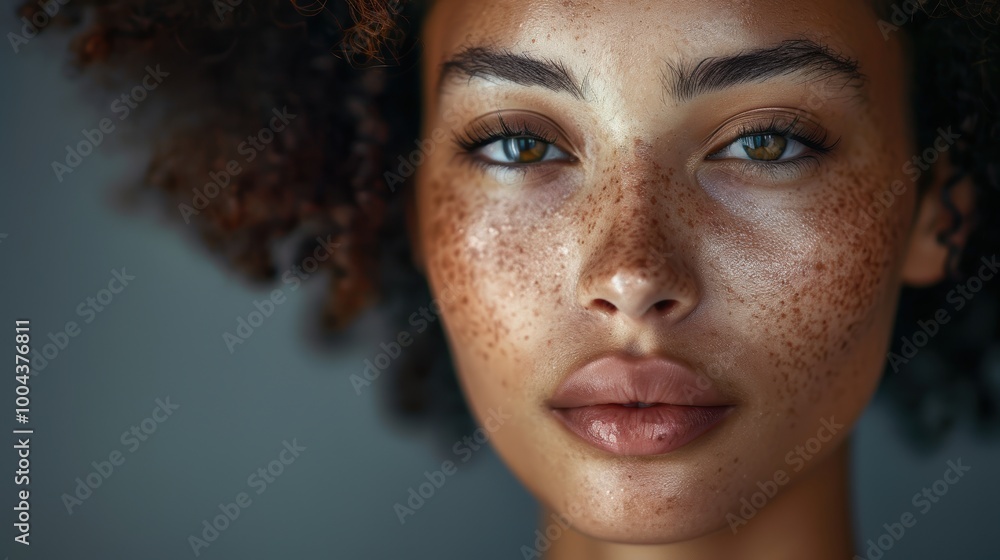 Portrait of a model showcasing natural skincare and beauty in a studio setting, highlighting features and hair while promoting skin treatment Portrait of a model showcasing natural skincare and beauty in a studio setting, highlighting features and hair while promoting skin treatment