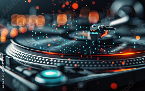 Digital Turntable Playing Vinyl With Binary Code Overlay