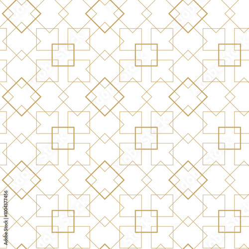 Abstract geometric pattern with squares, stripes, lines. Seamless vector background. White and gold ornament. Modern graphic design.