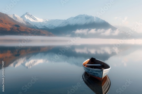 Rowboat on a Foggy Lake With Mountain Reflections