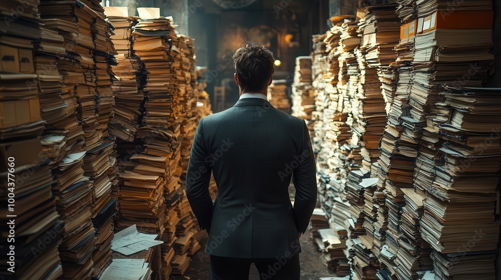 weary businessman surrounded by towering stacks of folders facing away in a cluttered office dim lighting emphasizes overwhelming workload and stress weary businessman surrounded by towering stacks of folders facing away in a cluttered office dim lighting emphasizes overwhelming workload and stress