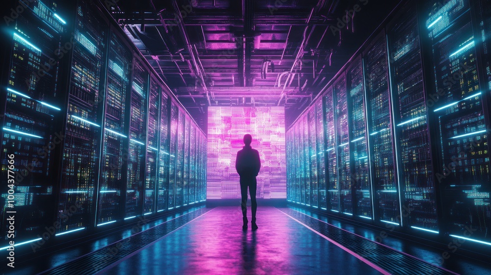 Silhouette of a person in a server room with neon lights Silhouette of a person in a server room with neon lights