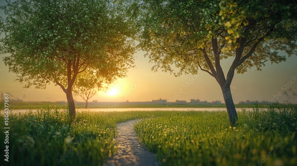 Serene landscape with trees and sunset. Serene landscape with trees and sunset.