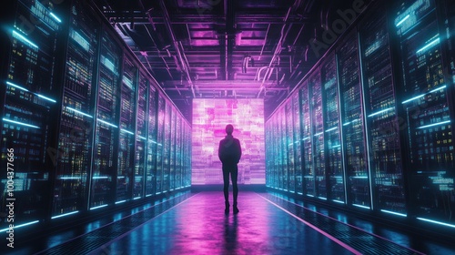 Silhouette of a person in a server room with neon lights