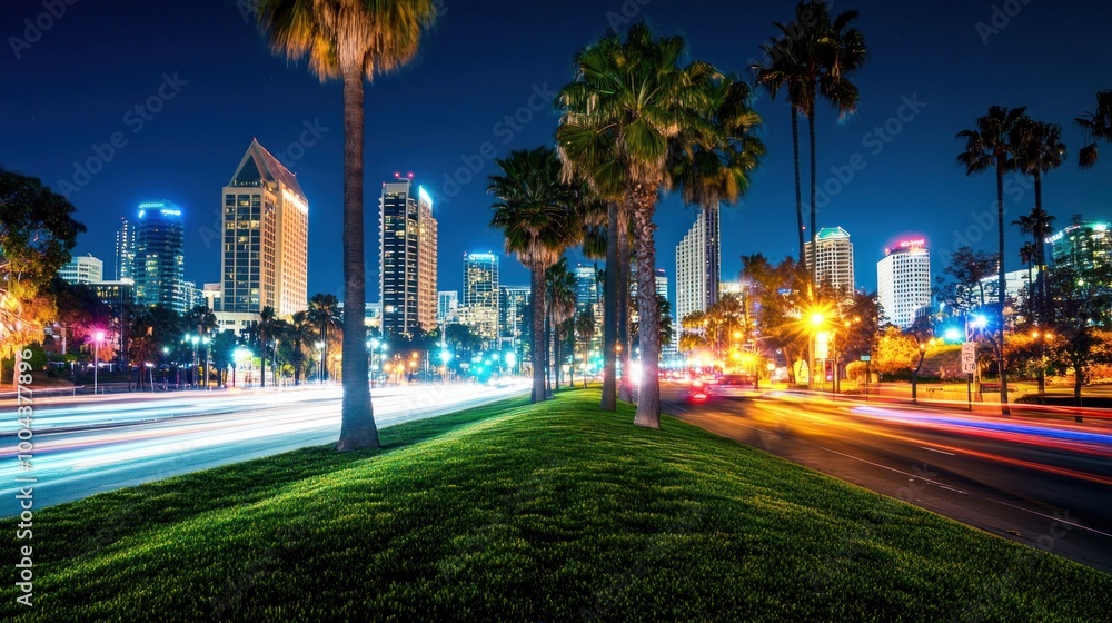 Obraz premium Nighttime Cityscape with Palm Trees