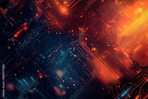 An intricate digital landscape illuminated by vibrant orange and blue hues creating a captivating futuristic ambiance. Generative AI