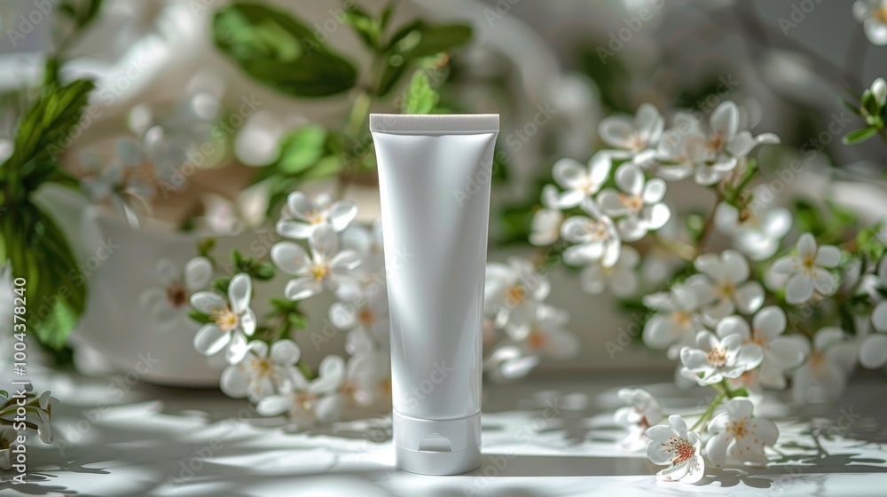Natural Skincare Product Surrounded by White Flowers in Sunlit Garden Natural Skincare Product Surrounded by White Flowers in Sunlit Garden