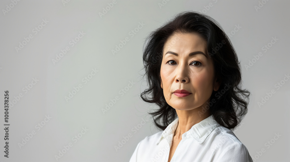 Mature Asian Woman in White Blouse, Serious Expression, Studio Portrait Copy Space Mature Asian Woman in White Blouse, Serious Expression, Studio Portrait Copy Space