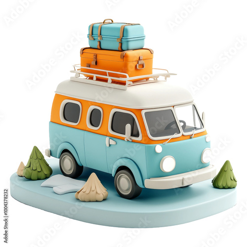 Colorful Vintage Van with Luggage on Top in Winter Setting photo