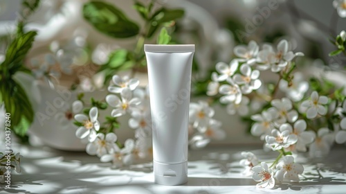 Natural Skincare Product Surrounded by White Flowers in Sunlit Garden