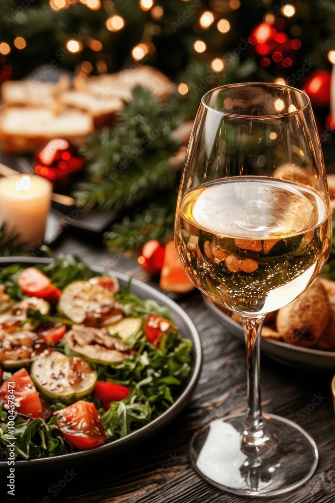 Festive dining setup with salad and wine glass, warm ambiance with holiday decor in background. Festive dining setup with salad and wine glass, warm ambiance with holiday decor in background.