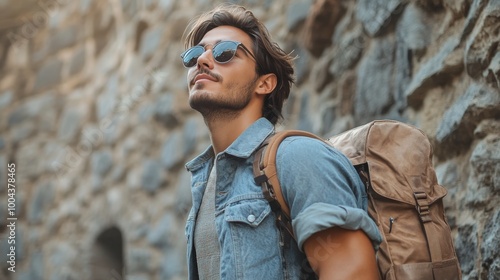 Young man exploring a sunny street in a historic city while wearing sunglasses