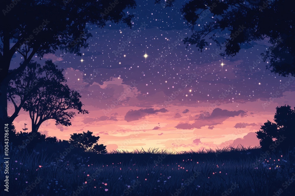 Fototapeta premium Silhouetted Trees Against a Starry Sky and Sunset