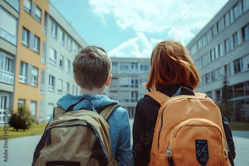 children with backpacks standing in front of the school 