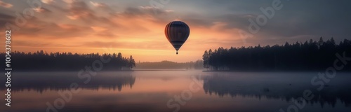 Sunrise Balloon Ride Over Tranquil Lake Surrounded by Misty Forest