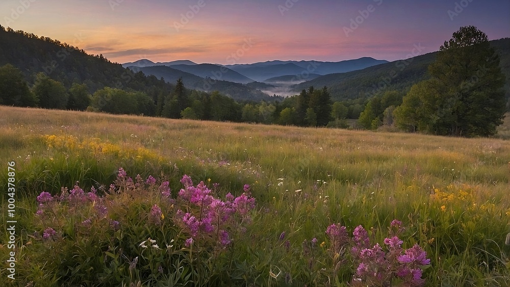 A serene landscape of wildflowers blooming in a meadow, illuminated by the warm hues of a sunset. AI Generated Image A serene landscape of wildflowers blooming in a meadow, illuminated by the warm hues of a sunset. AI Generated Image