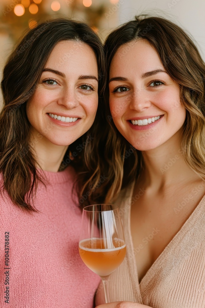 Two smiling women enjoying drinks together, festive atmosphere, cozy vibes, friendly celebration. Two smiling women enjoying drinks together, festive atmosphere, cozy vibes, friendly celebration.
