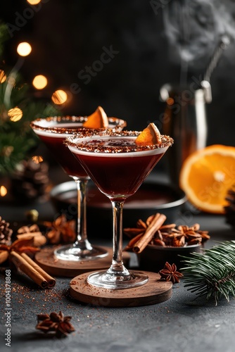 Two elegant cocktails garnished with orange and cinnamon, festive ambiance, blurred lights in background.