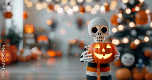 Halloween Decor With Skeleton and Pumpkin on a Festive Background