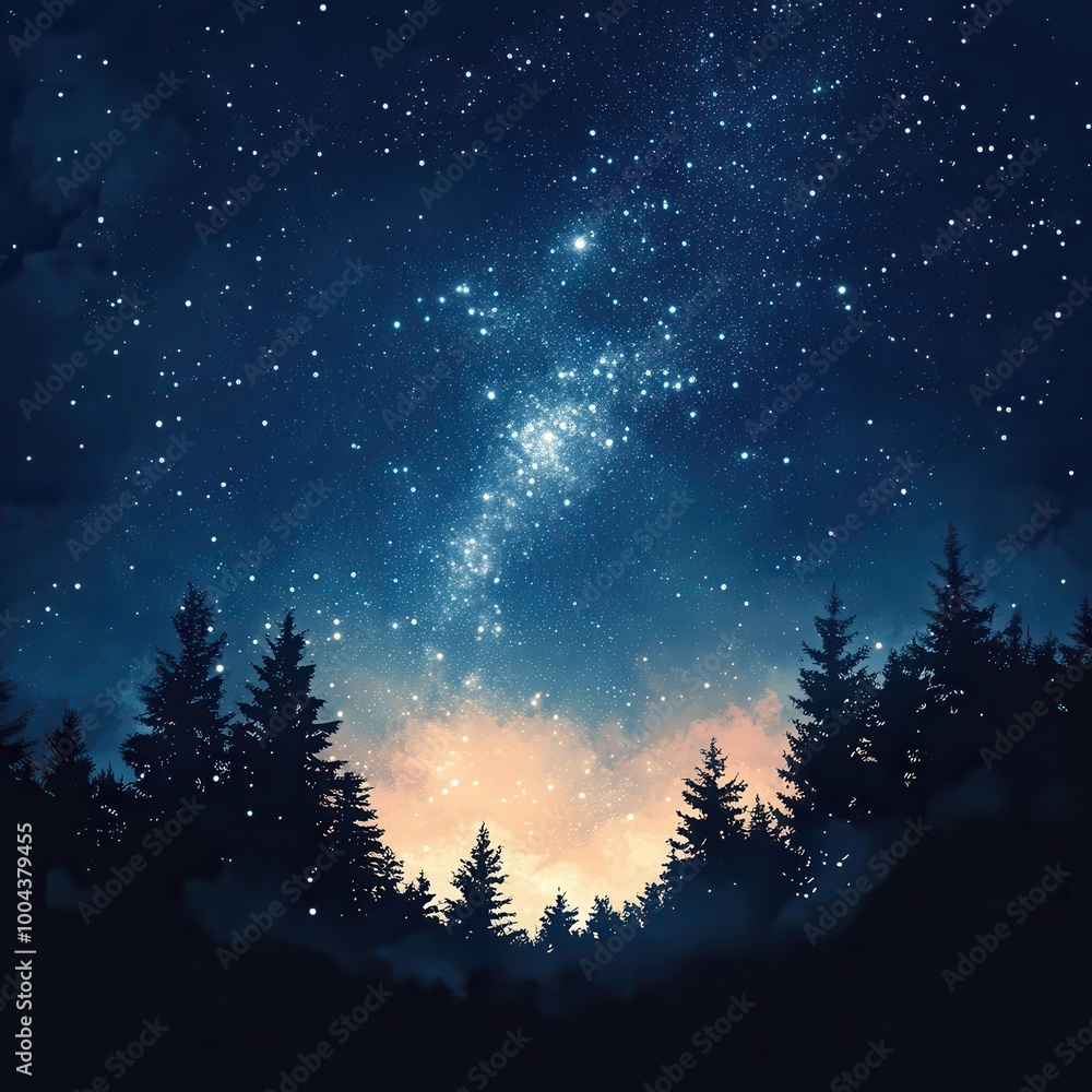 Naklejka premium Silhouetted Forest Against a Starry Night Sky