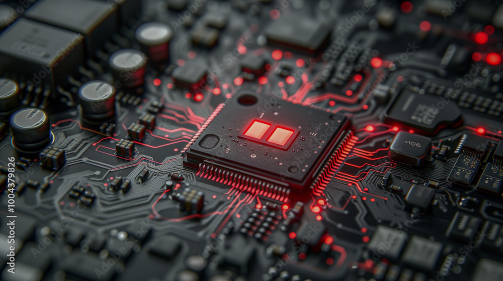 Close-Up of a Microchip on a Circuit Board with Red Lights.. Close-Up of a Microchip on a Circuit Board with Red Lights..