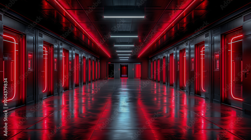 Futuristic Corridor with Red Neon Doors and Reflective Floor.. Futuristic Corridor with Red Neon Doors and Reflective Floor..