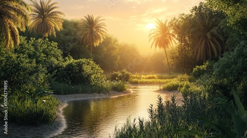 Serene river landscape at sunset with palm trees.