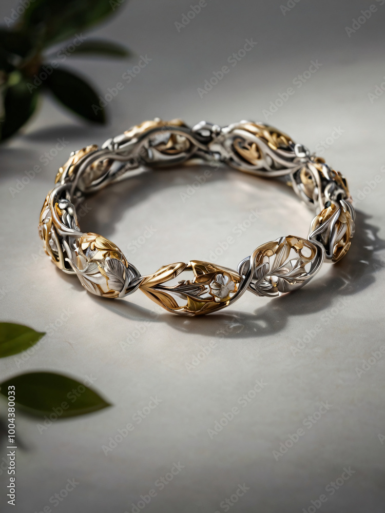 A bracelet features intricate gold and silver designs. A bracelet features intricate gold and silver designs.