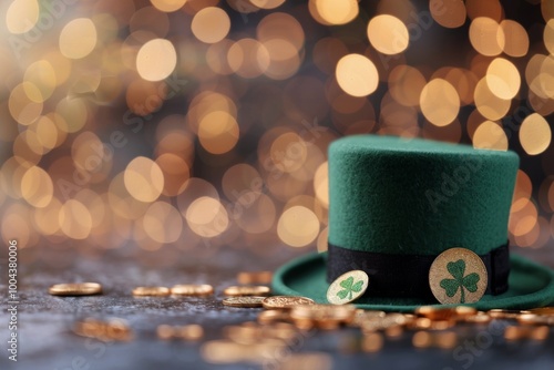 Green Leprechaun Hat With Coins Against a Blurred Festive Background