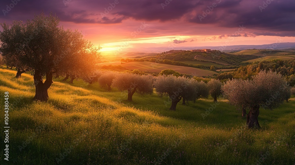 custom made wallpaper toronto digitalSerene sunset over olive groves in a lush landscape.