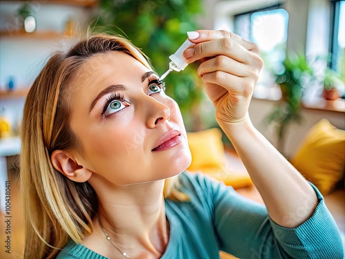 Woman Applying Medical Eye Drops at Home for Eye Care and Health Maintenance in Comfortable Setting photo