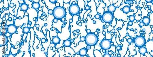 Blue circular background frame. Space arnament. Pattern of chaotic matter, grids. Community of points. Dancing people top view. Design for business, presentations, technology. Vector