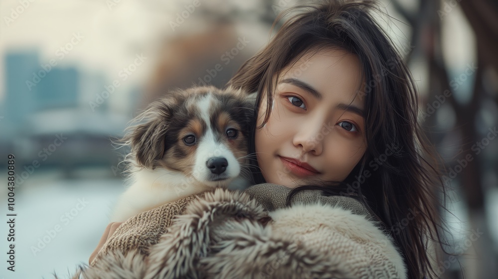 A beautiful Chinese woman with long hair, wearing fashionable and holding her puppy in the city of Shanghai on both sides of the black river in the morning A beautiful Chinese woman with long hair, wearing fashionable and holding her puppy in the city of Shanghai on both sides of the black river in the morning