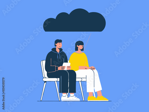 Illustration of people sitting under a dark cloud