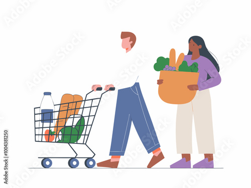 Man and woman grocery shopping illustration photo