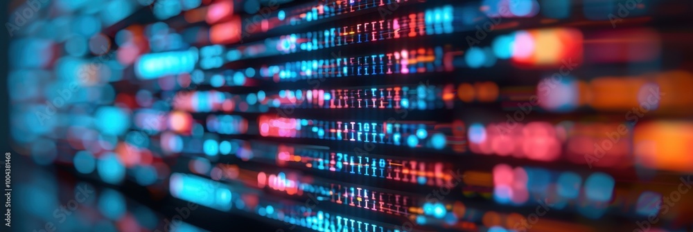 Abstract close-up of a digital data screen displaying colorful glowing lights and binary code patterns, symbolizing modern technology and data. Abstract close-up of a digital data screen displaying colorful glowing lights and binary code patterns, symbolizing modern technology and data.