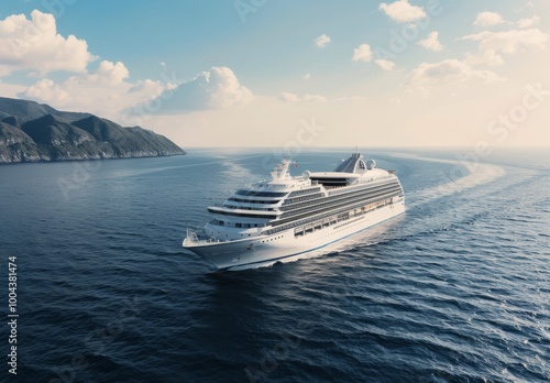 Luxury Cruise Ship Sailing Along Coastal Waters at Sunrise