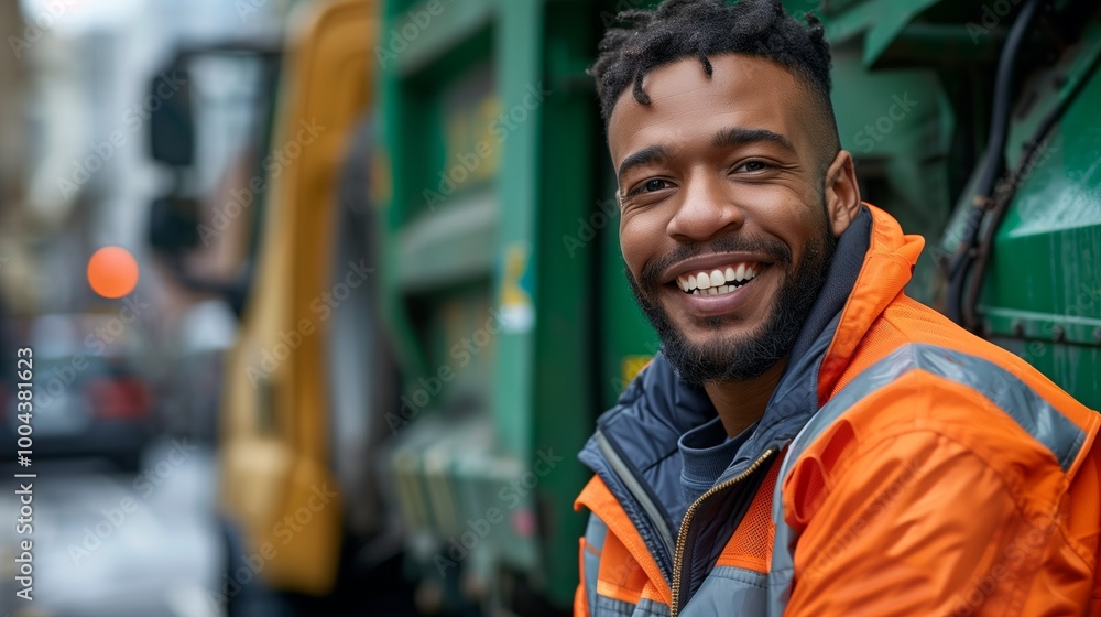 A happy young mixed race man in an orange high vis jacket stands next to his green garbage truck smiling at the camera A happy young mixed race man in an orange high vis jacket stands next to his green garbage truck smiling at the camera