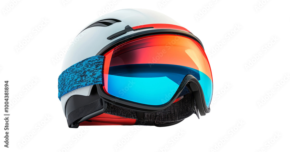 White Ski Helmet With Blue and Red Reflective Ski Goggles on Transparent Background White Ski Helmet With Blue and Red Reflective Ski Goggles on Transparent Background