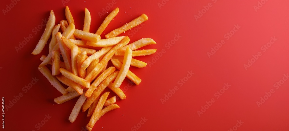 Heart-Shaped Arrangement of Crispy French Fries on Red Background Heart-Shaped Arrangement of Crispy French Fries on Red Background