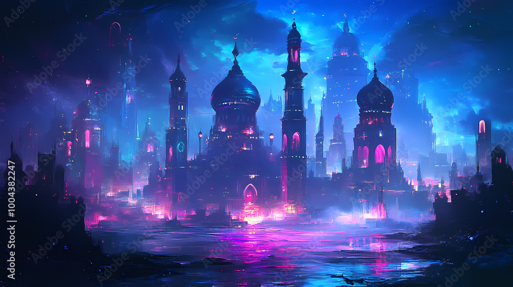 Fototapeta premium Generative ai illustration of fairy - tale arabian night city with towers and mussels. night neon oriental city. fantasy urban arabic landscape. Arabian Nights. Illustration