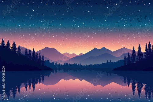 Silhouetted Pine Trees and Mountains Reflected in a Still Lake Under a Starry Sky