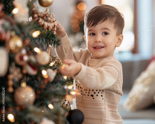Child Decorating Christmas Tree With Ornaments in Cozy Holiday Setting