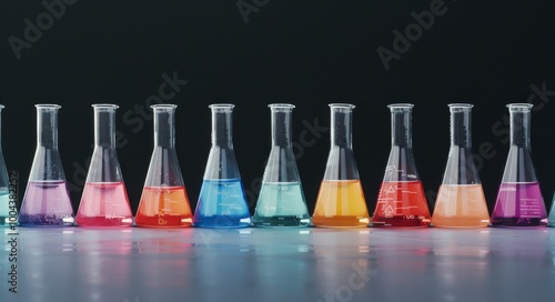 Colorful Glass Flasks With Liquid Solutions on Black Background