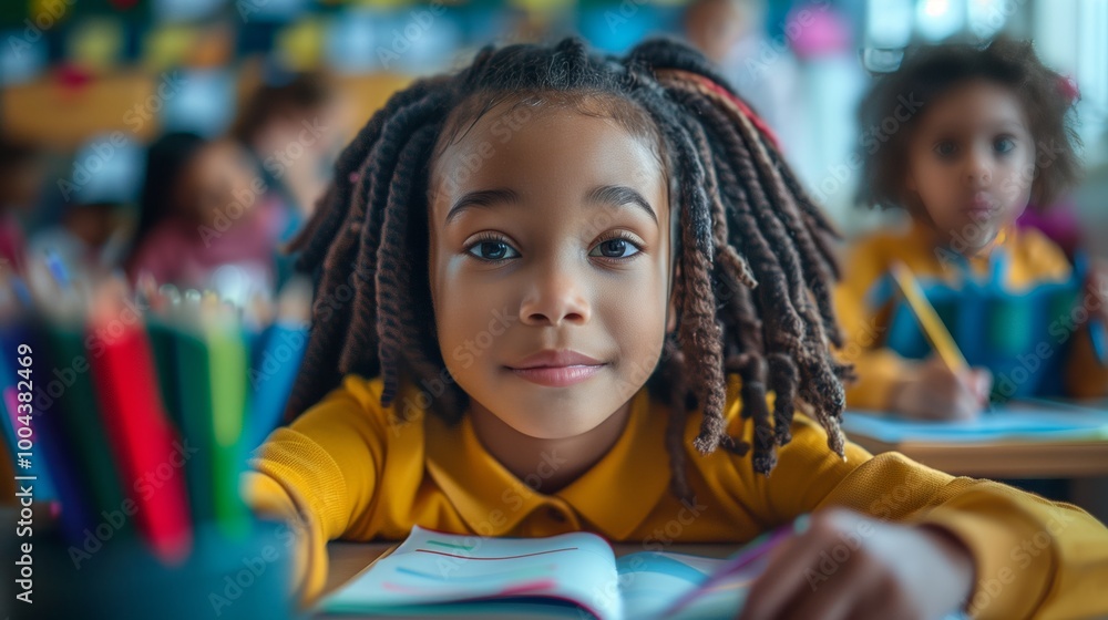 Black girl coloring at desk with teacher in background, child writing on paper and smiling