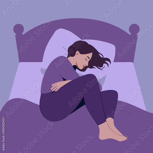 Woman lying in bed in a fetal position photo