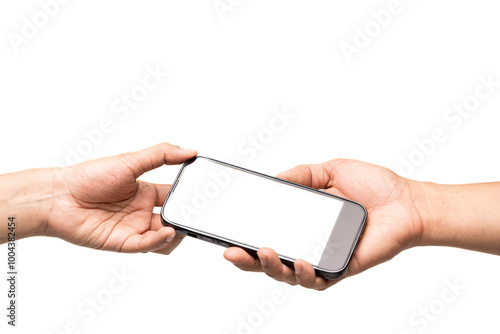 Closeup of men's hands holding cell telephone and white screen for your advertising text message or promotional conten.Hand sendng mobile on desk at office.People contact marketing business technology