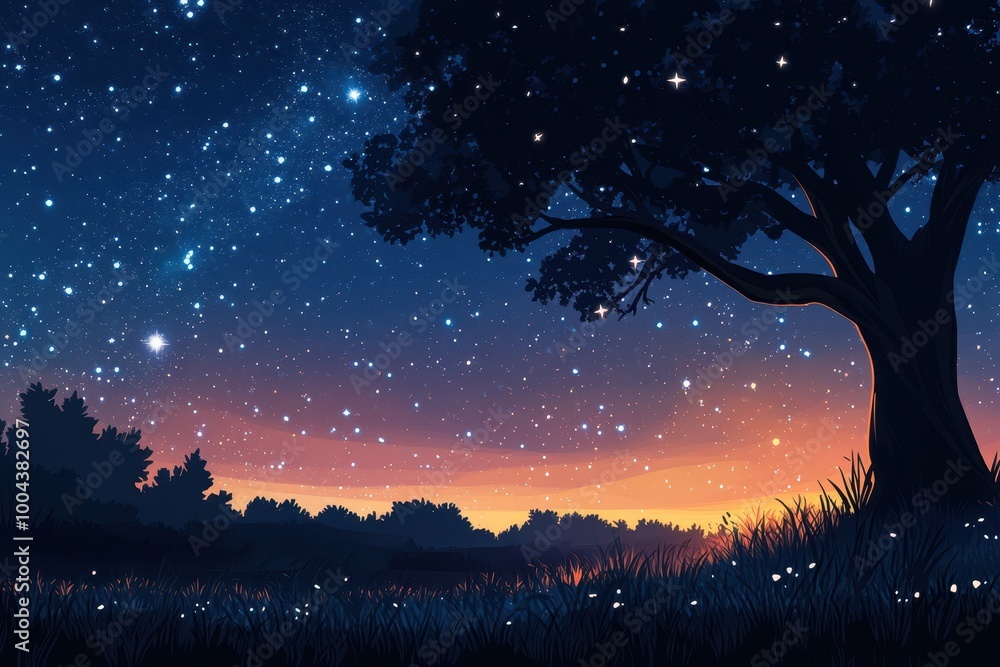 Fototapeta premium Silhouetted Tree Against a Starry Night Sky